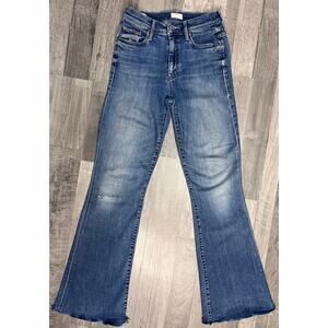 Mother The Weekender Fray Jeans Womens 26 Blue Mid Rise Flare Raw Hem Stretch